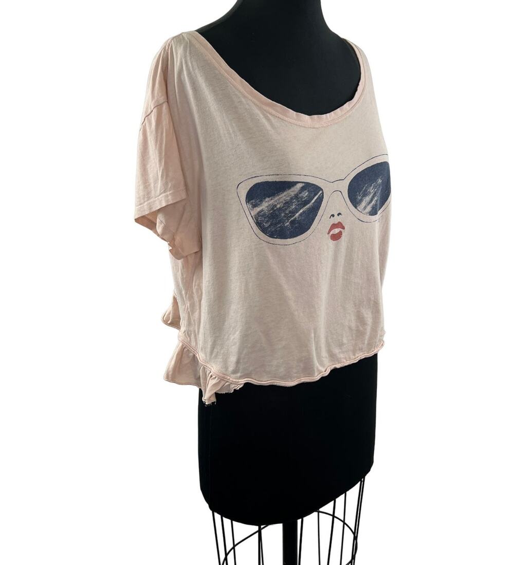 JUICY COUTURE Beige Cotton Short Sleeve Ruffle Hem Sunglasses Crop Top Size XL